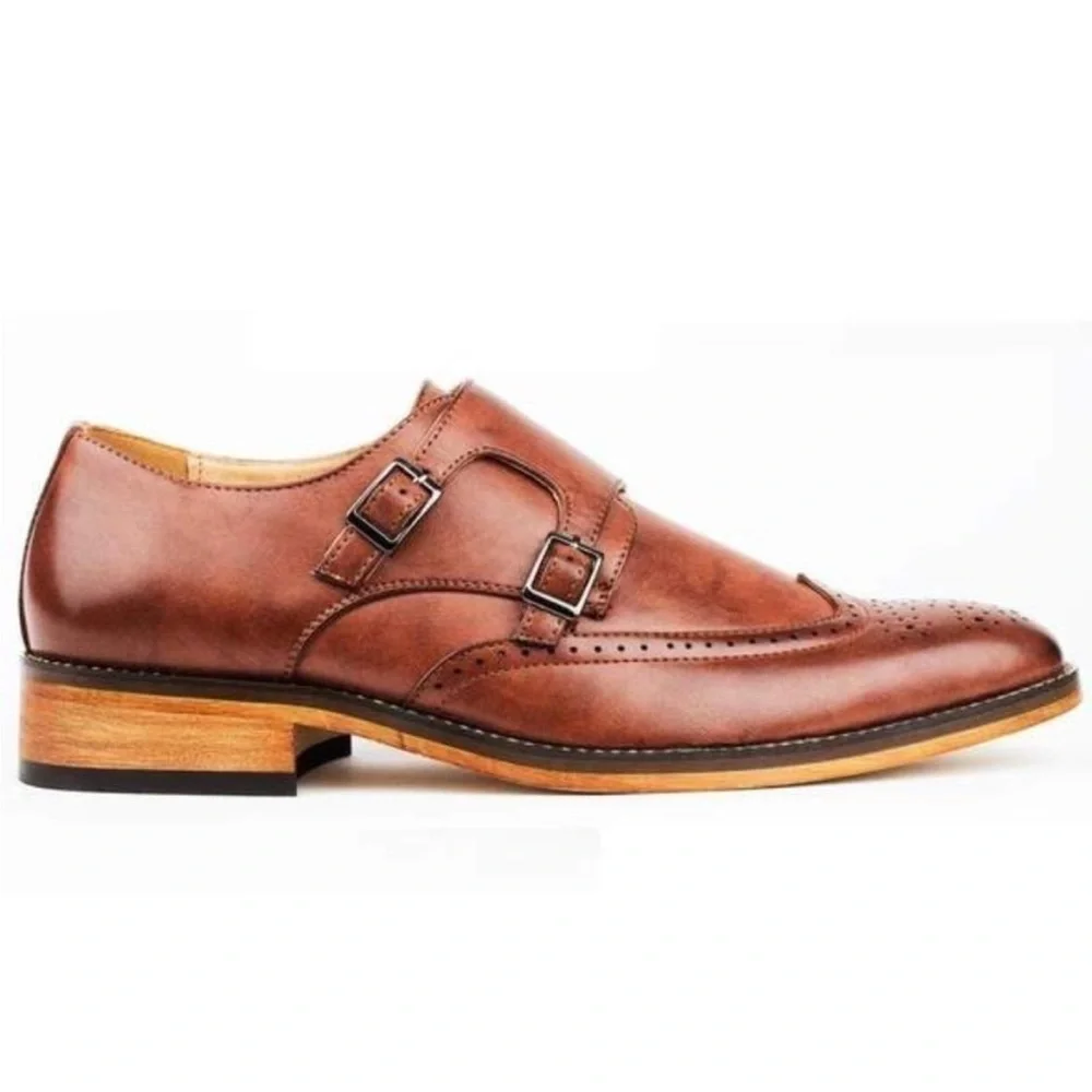 Gino Vitale Brown Monk Strap Brogue Wingtip Leather Men's Dress Shoe 9